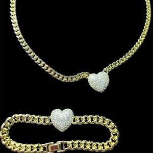 Gold Heart Necklace and Bracelet Set
